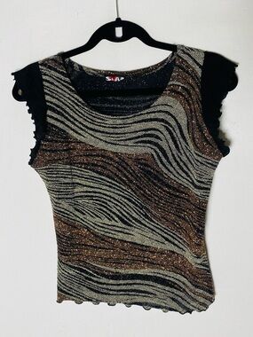 Vintage Y2K SLAP Metallic Glitter Zebra Print Cap Sleeve Top Lettuce Edge M